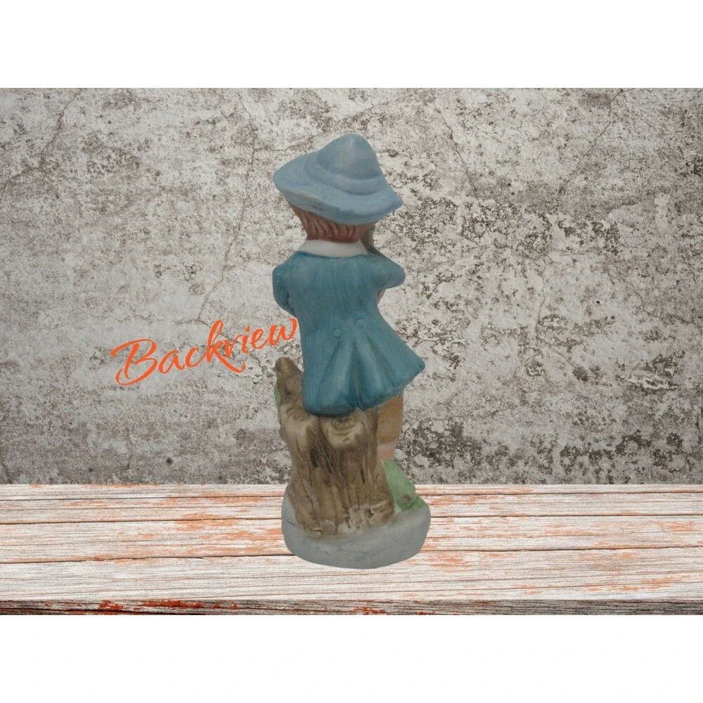 Vintage Barefoot Boy Holding Grapes Figurine Blue Hat Blue Coat 6 1/2 inches